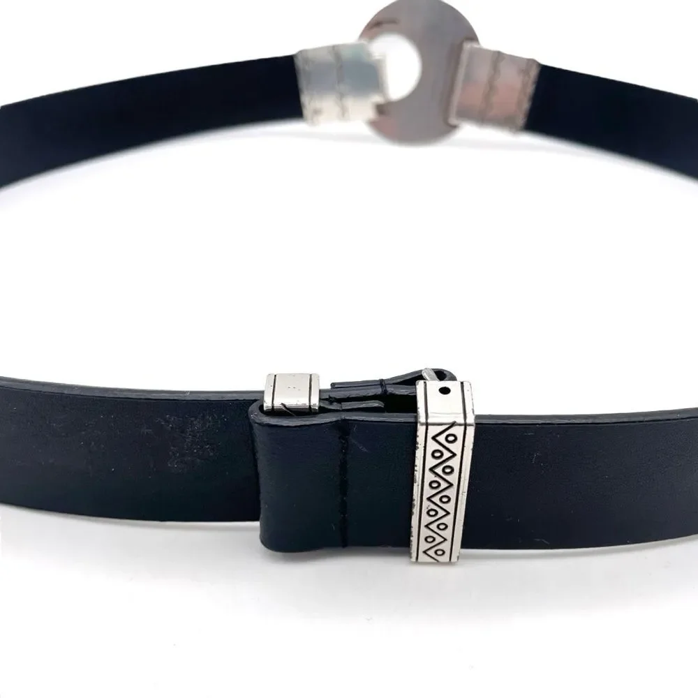 Chico’s Black Genuine Leather Belt SM Silver Round Medallion Buckle Boho Tribal